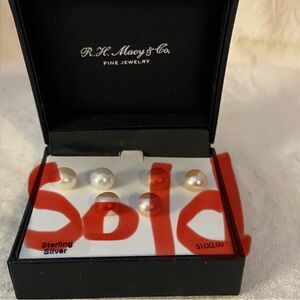 Set of 3 Sterling Silver Pearl Earrings NIB Macy’s Fine Jewelry